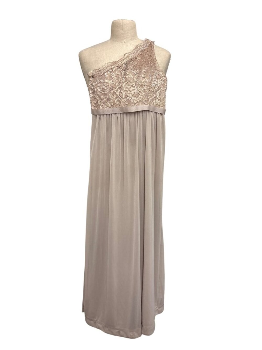 Davids Bridal One-Shoulder Gold Lace Chiffon Dress Gown Maxi MOB Size 8